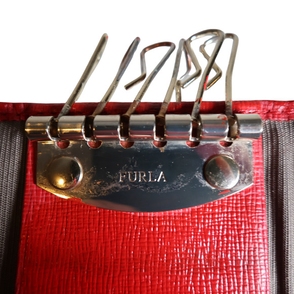 Auth FURLA Key Holder Case Red Leather Tri-fold Snap Button Preppy REFURBISHED - Picture 5 of 7